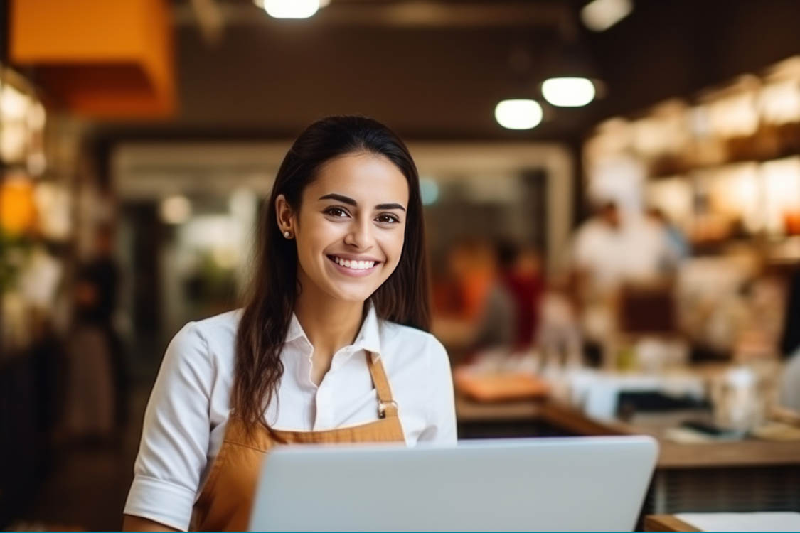 Portrait Cheerful female store owner with a laptop, side view, b Portrait Cheerful female store owner with a laptop